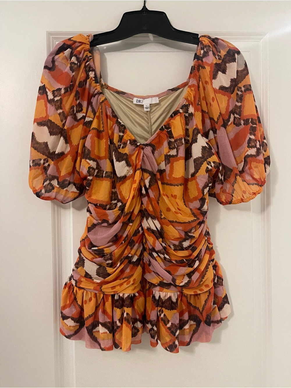 DR2 Orange, Pink & Brown Ruched Puff-Sleeve Blouse
